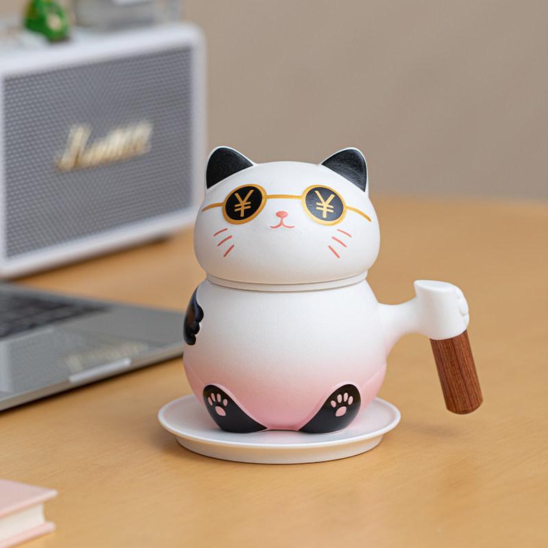 Lucate Cat Ceramic Tea Mug with Separation and Filter Office Cup Cute Design Enterprise Business Accompanying Gift