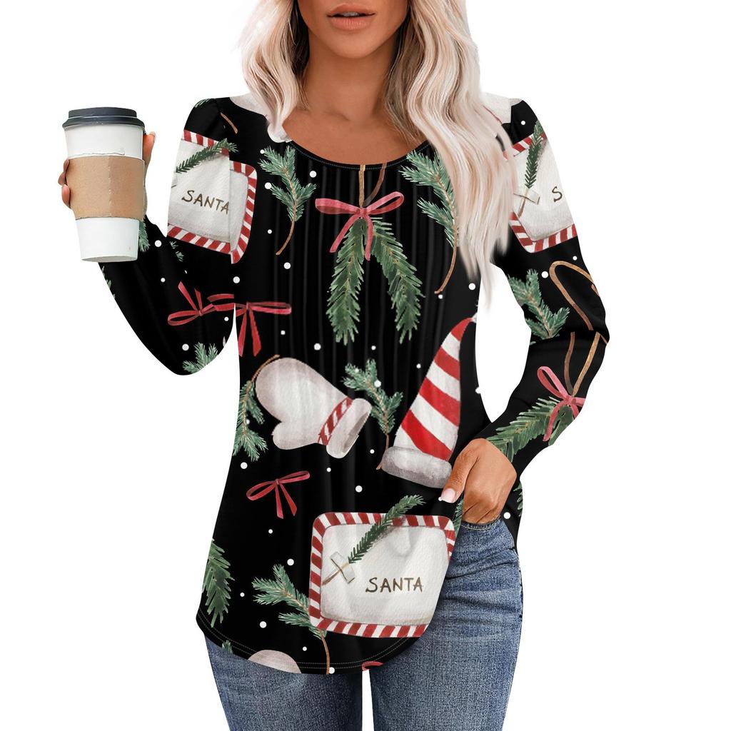 Женская повседневная футболка с круглым вырезом и длинными рукавами с рождественским принтом и складками