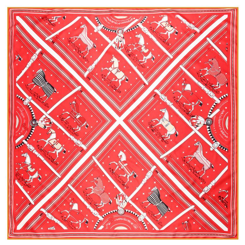 POBING Manual Hand Rolled Twill Silk Scarf Women Horse Plaid Square Scarves Echarpes Foulards Femme Wrap Bandana Hijab 90CM