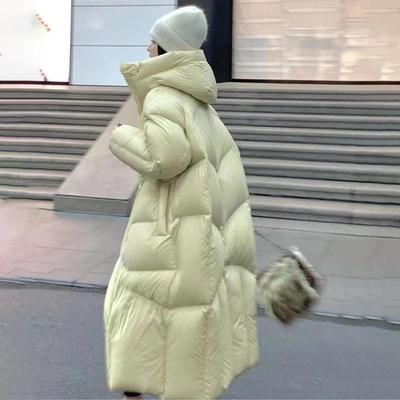 Пуховик ветрозащитный женский длинный зимняя теплая куртка с капюшоном белый утиный пух