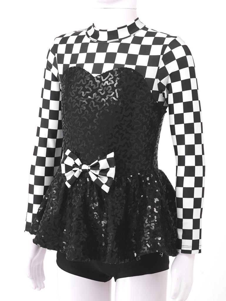 Kids Girls Racer Costume Long Sleeve Sequin Bowknot Keyhole Back Bodysuit for Halloween Cosplay Dress Up Performance