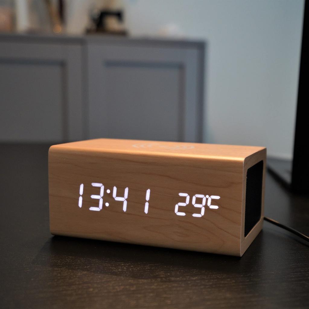 WOOD SHOW Speaker Stylish Wireless Multifunctional Thermometer Alarm Alarm Qi International Radio Law USB Powered Bluetooth5.0 Clock, Speaker, Clock,