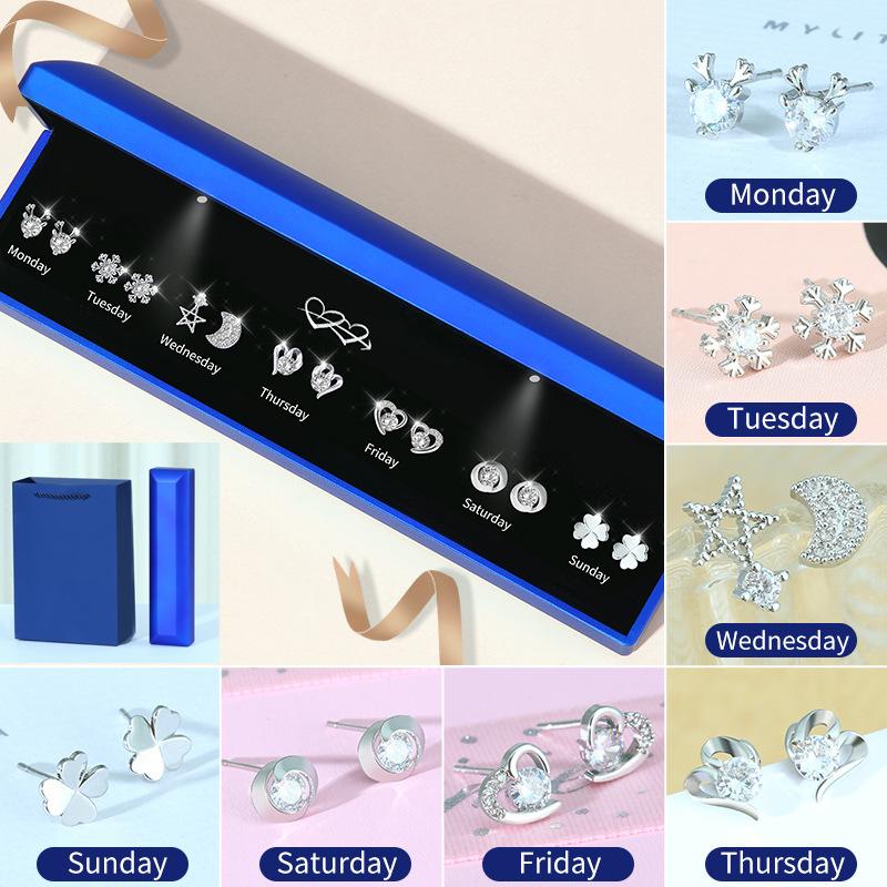 S925 Silver Earrings 7 Pairs Set, Weekly Earring Gift Box, Valentine Birthday Gift for Girlfriend & Wife
