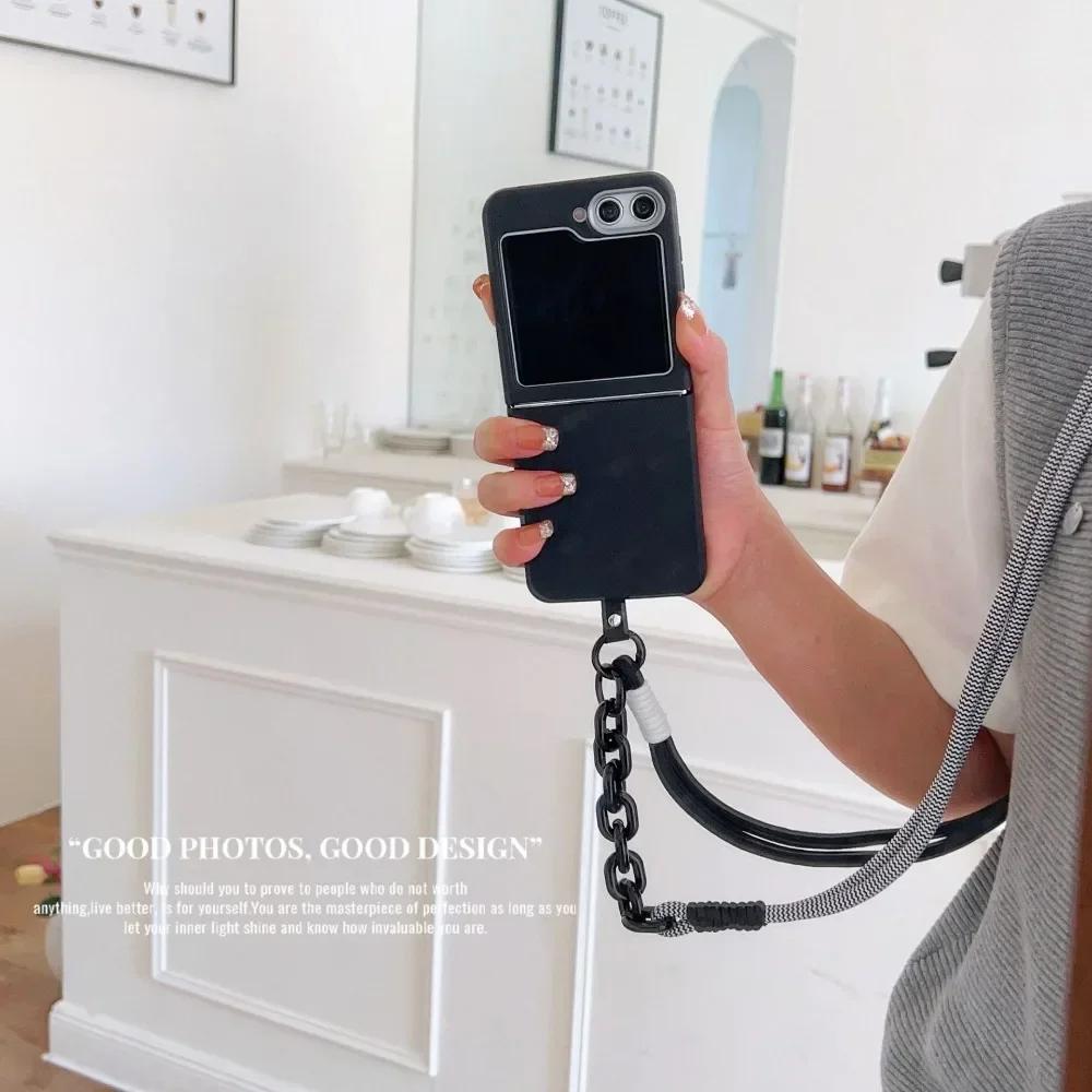 Простой кожаный чехол-ремешок с узором через плечо для Samsung Z Flip 6 5 4 3 Flip6 Flip5 Flip4 Flip3 5G Защитный чехол