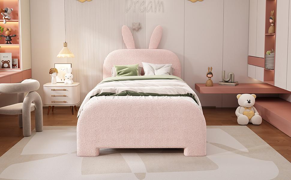 90*200cm Flat Bed, Upholstered, Sheep Wool Resistant, Cartoon Rabbit Shape, Two Drawers, Pink