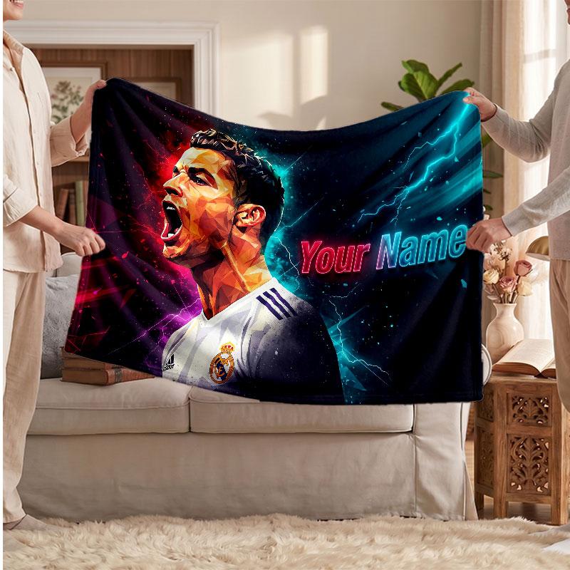 Cristiano Ronaldo Personalized Fleece Blanket With Football Logo, Custom Name Text Soft Warm Home Throw Blanket