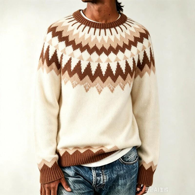 Womens Crew Neck Colorblock Knit Sweater Loose Fit Casual Pullover With Geometric