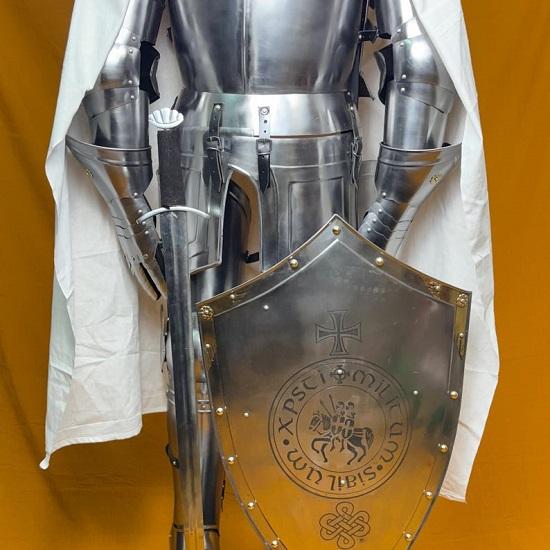 Full-Size 6-Foot Templar Knight Armor Suit Polished Medieval Roman Steel Armor with Display Stand  Ideal for Home Décor