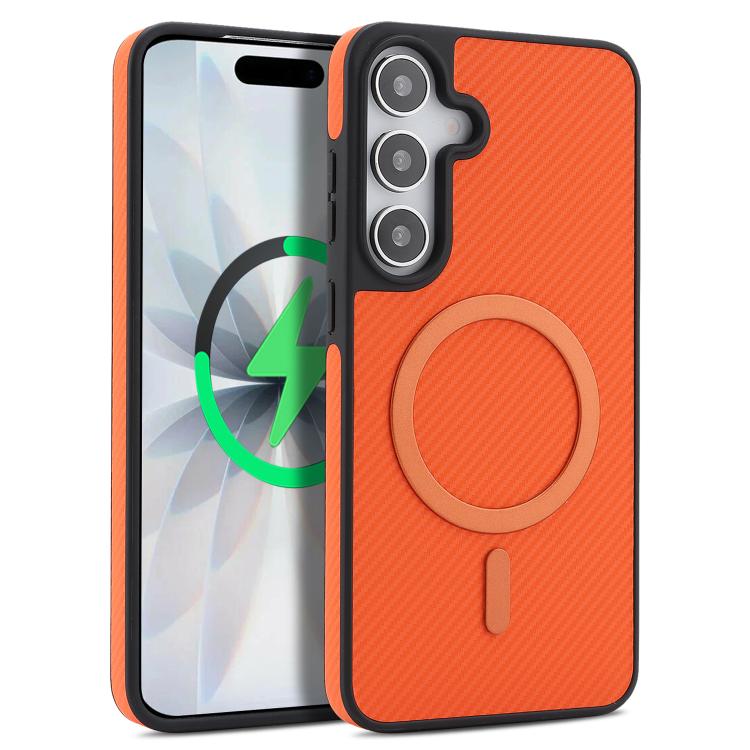 Carbon Fiber MagSafe Phone Case For Galaxy S25 Ultra 5G, Carbon Fiber Leather Magnetic Ring Anti-Drop Lens Protection Protective Cover