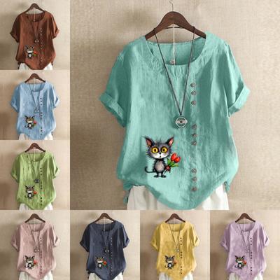 Женская мода кошка держит цветы напечатанная футболка с коротким рукавом свободная хлопковая рубашка повседневная свободная летняя блузка топы больших размеров