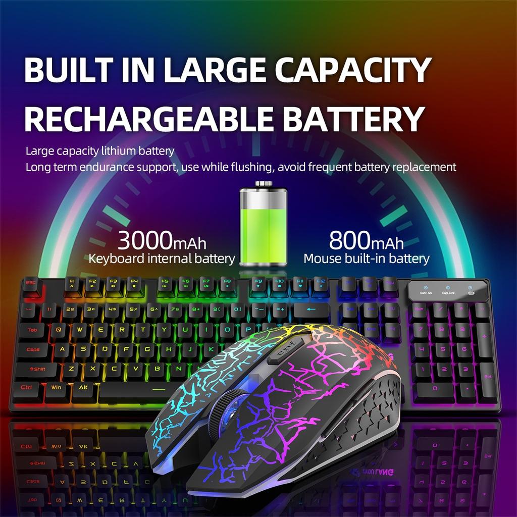 Wireless Gaming Keyboard And Mouse Combo With Mouse Pad, LED Backlit Rechargeable Battery Mechanical Ergonomic Feel 7 Color Backlit Mute Mice