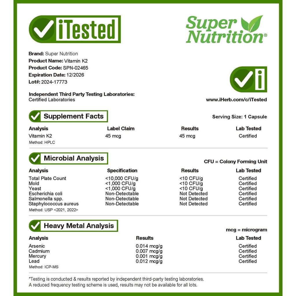 Super Nutrition Витамин К2, 60 растительных капсул