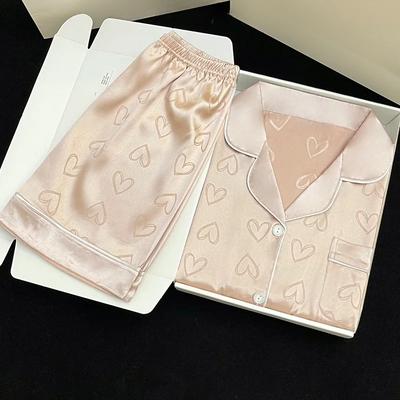 Женская домашняя одежда с принтом, комплект из двух предметов из ледяного шелка, короткие рукава, шорты, кардиган с лацканами, женская пижама, ночная рубашка для девочек