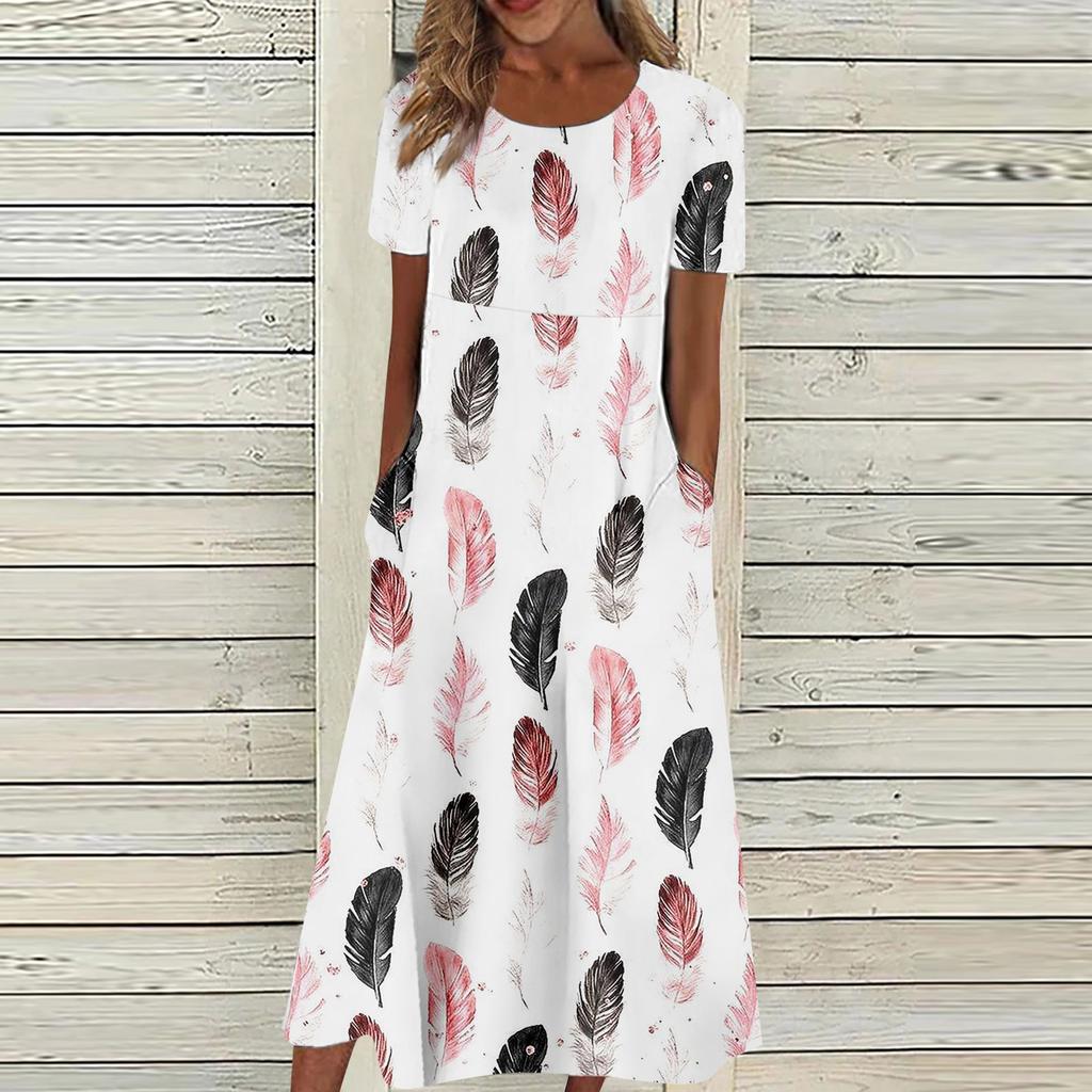 Women's Summer Casual Fashion Flower Printed Short Sleeve Round Neck Pocket Dress