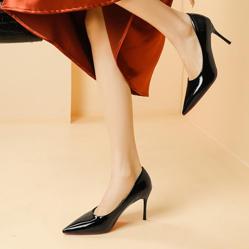 Мода 2024Женские офисные туфли-лодочки на шпильках Туфли на высоком каблуке Большой размер 42 Блестящие каблуки Лакированная кожа с острым носком Женская рабочая обувь 8 см НОВАЯ