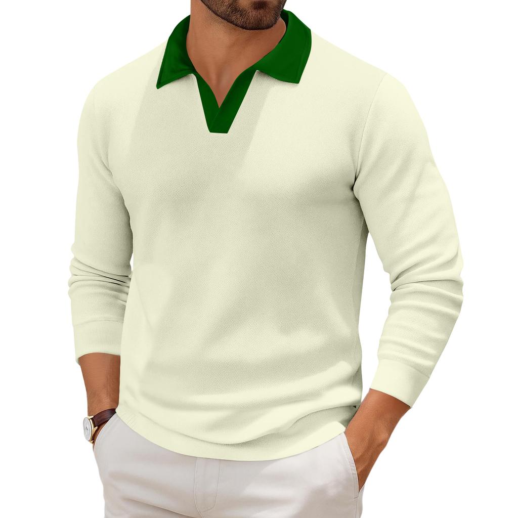 Мужской повседневный трикотажный базовый топ с длинным рукавом и воротником в стиле колор-блок