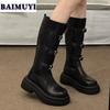 Мода женские челси толстые сапоги на платформе до колена кожаные ботинки зима 2025 роскошные бренды новый мотоцикл тренд готика снег Botas Mujer