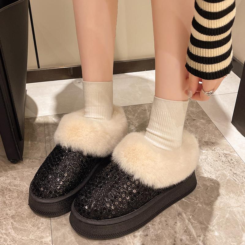 Shiny Sequin Non-Slip Snow Boots Women Winter Faux Fur Platform Plush Ankle Boots Woman Flat Heel Thick Bottom Warm Cotton Botas