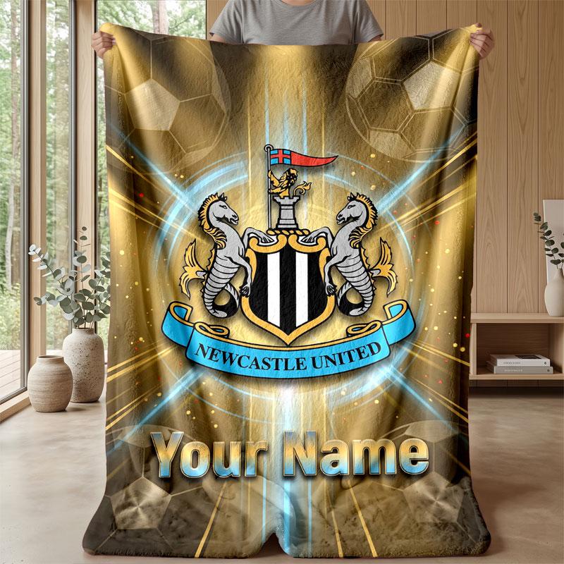 Newcastle United FC Custom Name Text Flannel Blanket Soccer Logo Personalized Fleece Throw Blanket Special Gift For Sofa Bedroom Home