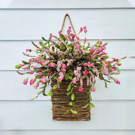 Door Hanger Basket Wreath Spring Summer Artificial Flowers in Wicker Basket for Front Door Rustic Rattan Hanging Basket Wreath for Home Porch Entryway