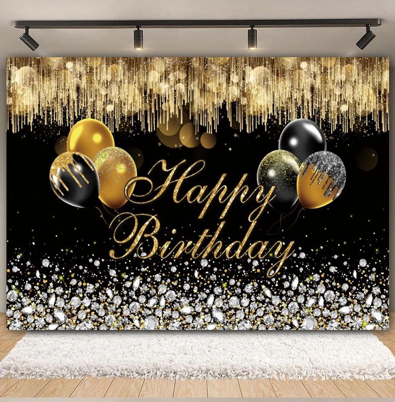 Black Gold Happy Birthday Backdrop Glitters Balloon 18th 30th 40th Adult Anniversary Birthday Party Photography Background Decor13