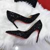 Черные туфли на высоком каблуке с красной подошвой, женские туфли-шпильки, осень-зима 2024, новые свадебные туфли с блестками и кристаллами, остроносые, профессиональные, сексуальные, одинарные туфли