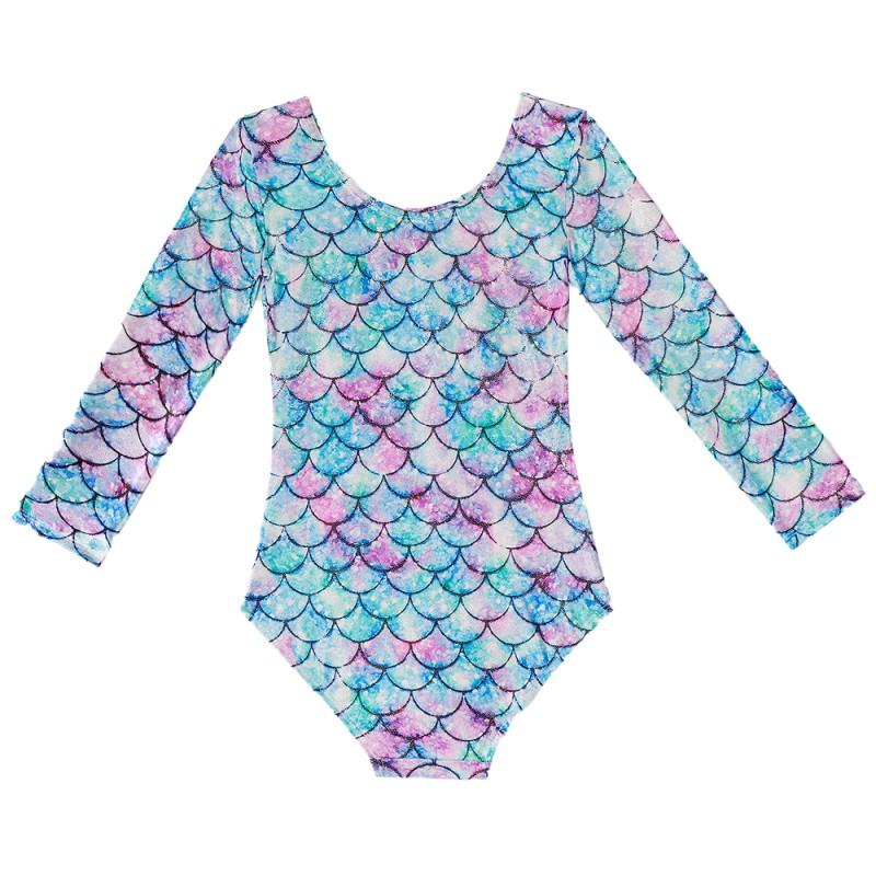 Детская танцевальная одежда, балетный костюм с принтом рыбьей чешуи, цельный купальник с длинными рукавами