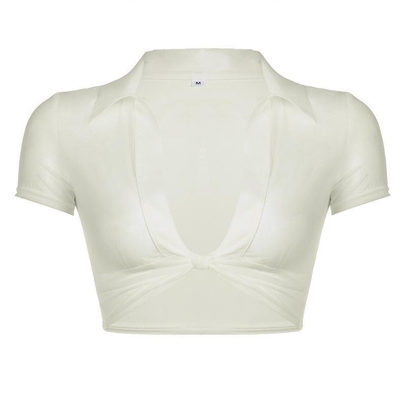 Сексуальная сетчатая футболка европейского стиля с V-образным вырезом и короткими рукавами - Женская летняя облегающая однотонная накидка с перекрутом