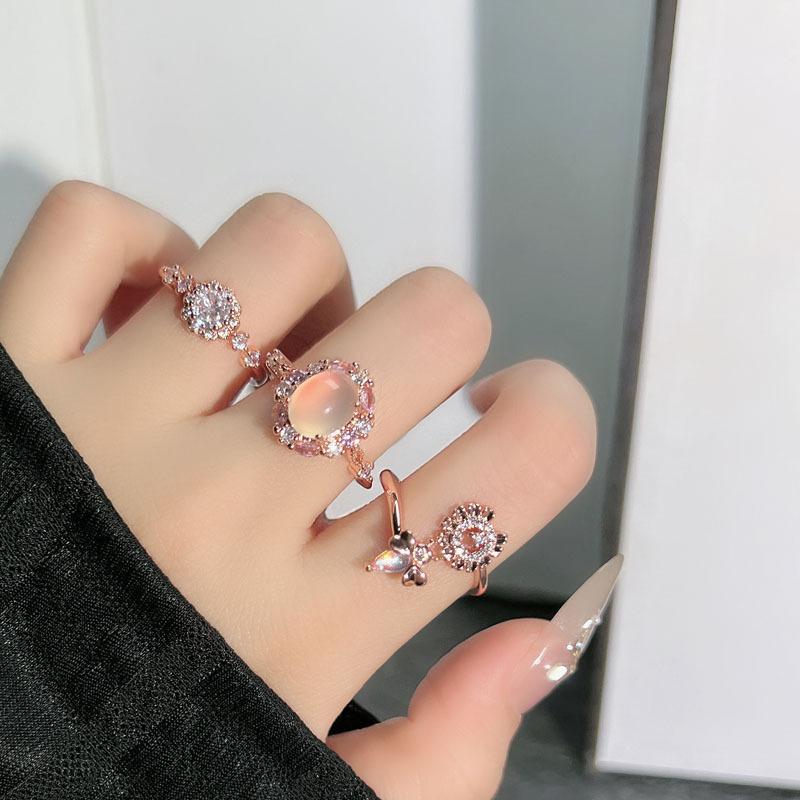 Light luxury sweet rose gold cat eye firefly fashion flower opening ring women's high sense niche versatile ring