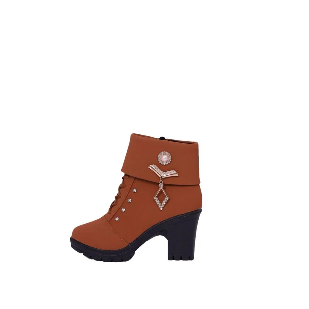 Зимние короткие сапоги на толстом высоком каблуке для женщин 2024 г., теплые повседневные сапоги со стразами и молнией, женские туфли из хлопка на платформе и высоком каблуке