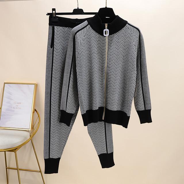 New Tracksuit Woman Patchwork Turtleneck Zipper Knitted Cardigans+Pants 2 Piece Set Knit Top Trouser Outfit