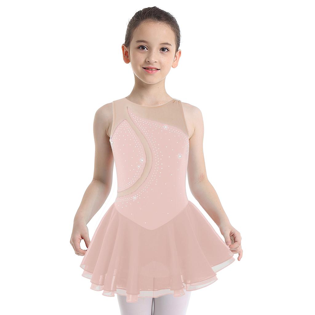 Платье для фигурного катания для девочек, без рукавов, сетка, стразы, блестящее платье для фигурного катания, одежда для танцев