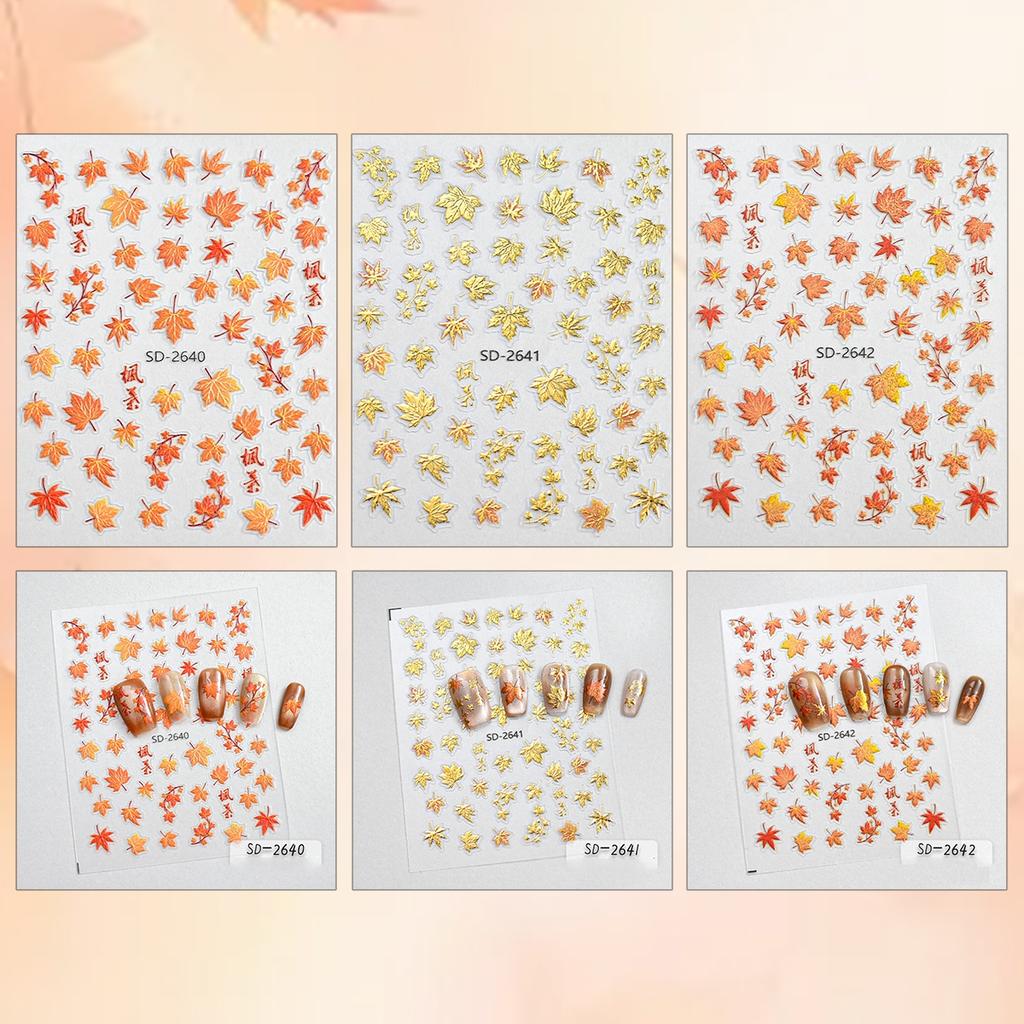 3 to 30 Sheets Autumn Maple Leaves Nail Stickers 5D Embossed Gold Foil Fall Leaf for Nails, Self-Adhesive DIY Manicure Art