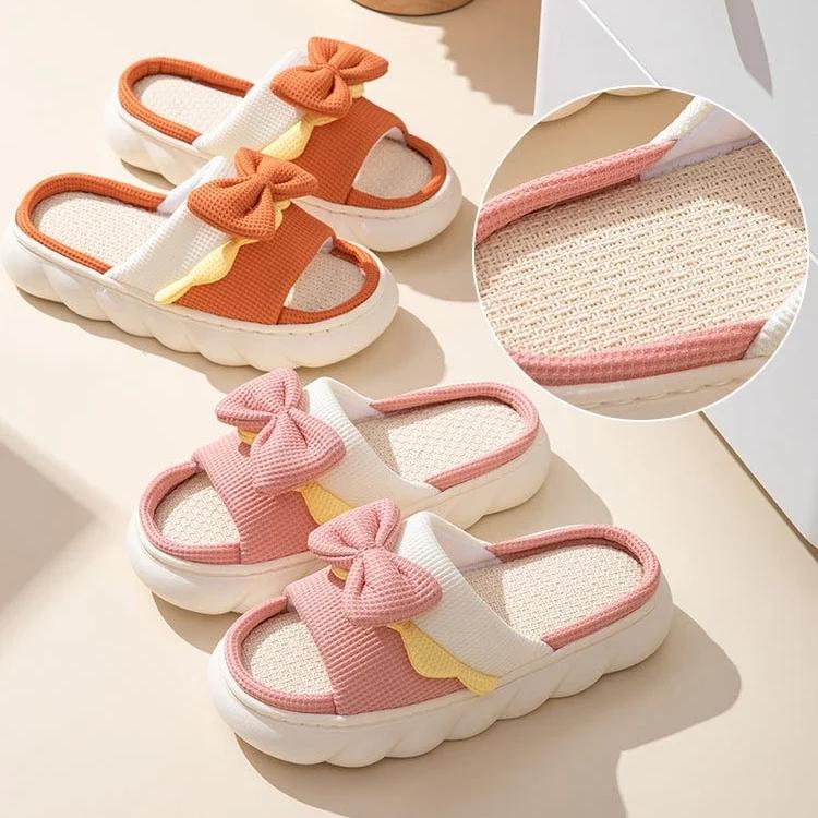 Льняные тапочки, женские домашние тапочки, удобная нескользящая домашняя хлопковая обувь, милые тапочки на плоской подошве с бантом, парные шлепанцы, весна-лето