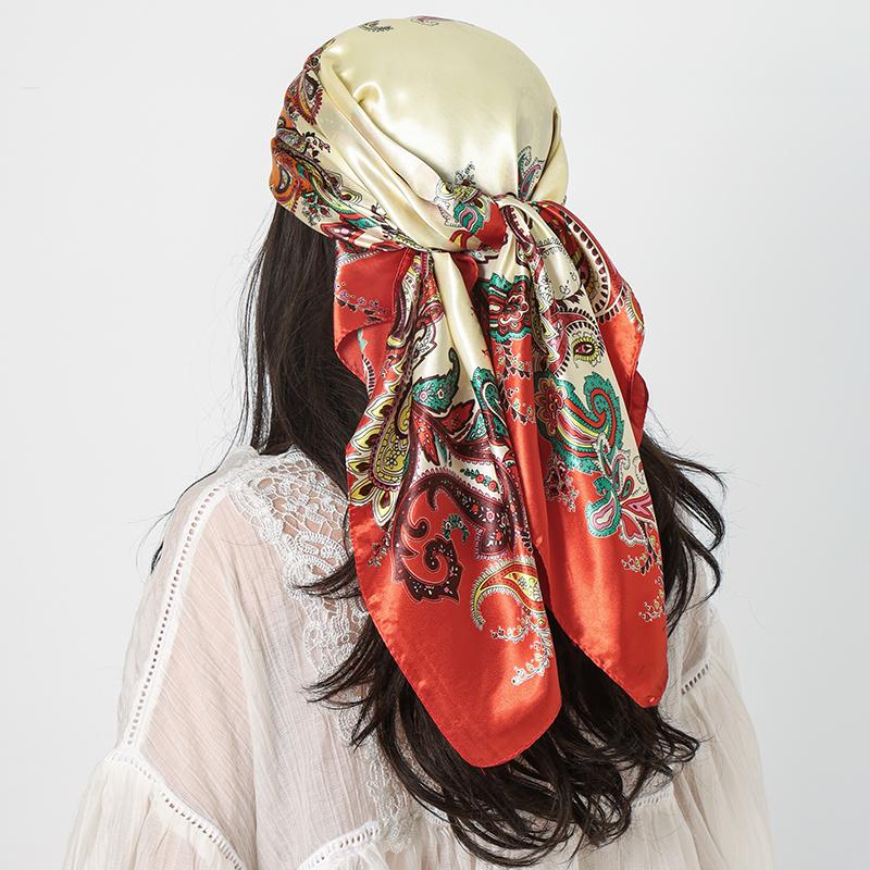 Роскошный Квадратный Шелковый Шарф Женский Платок 90*90 См Принт "Кешью" Косынка Женский Головной Платок Фуляр Сатиновая Бандана Хиджаб Шарфы