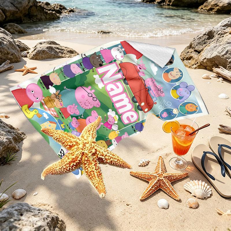 Custom Name Personalized Peppa Pig Print Beach Towel, for Trip Camping Beach Party Home Decor, Birthday Gift for Family & Friends