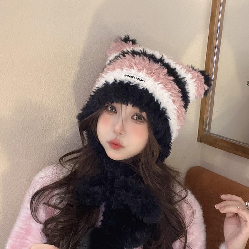 Hat Female Autumn and Winter Warm Knitted Wool Snow Hat Cycling Mother Fashion Ear Protection Headgear Scarf Integrated Hat