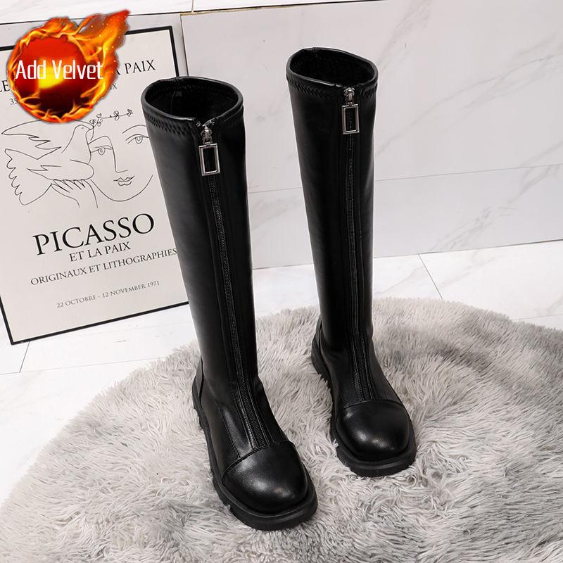 Fashion Leather Ladies Boots Footwear Shoes for Women Long Round Toe Elegant with Low Heels Biker Winter Knee High Shaft Boot Hot Y2k Pu