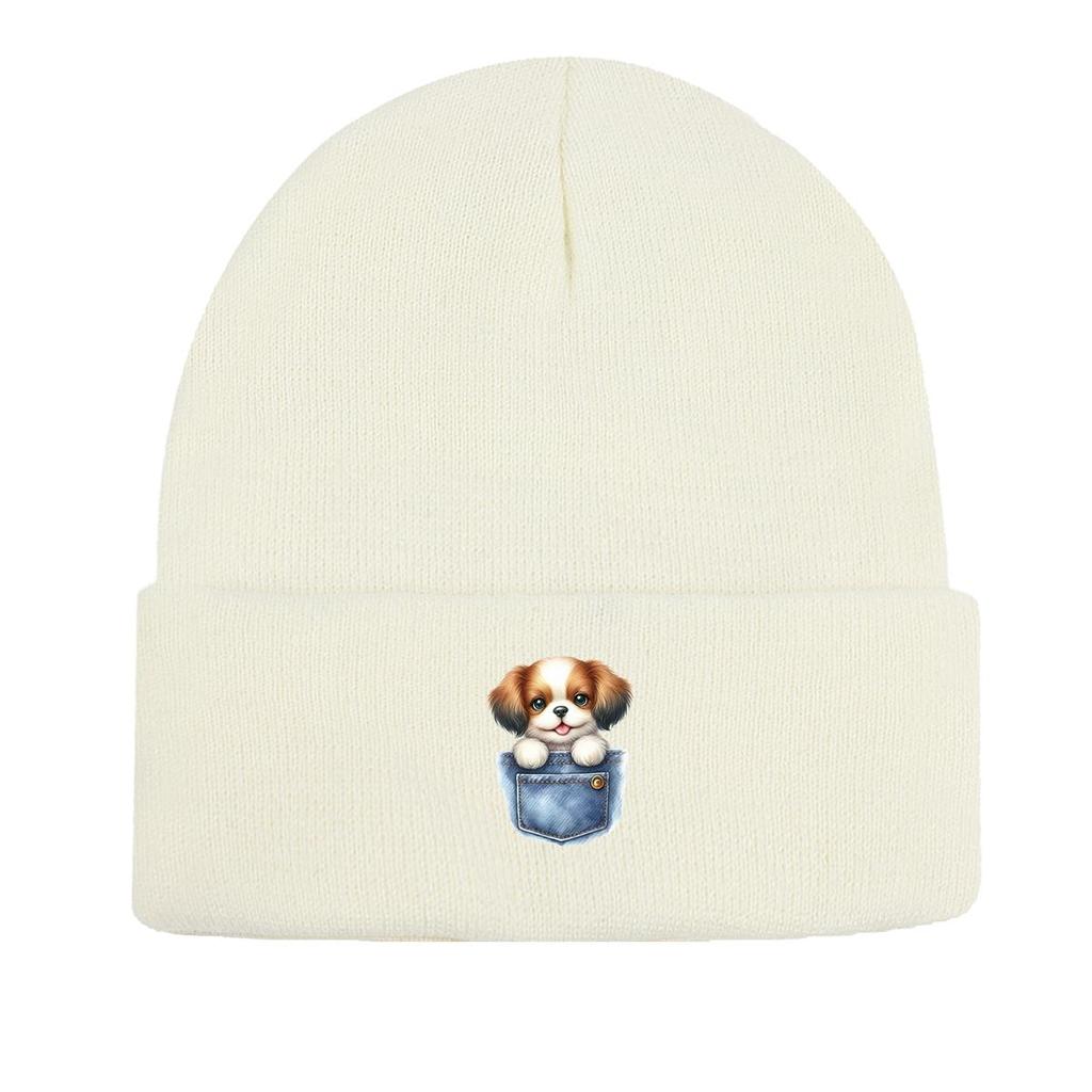 Cartoon Dog Pocket Warm Knitted Cap Beanie, Animal Woman Cap Cozy Candy Color Solid Color Pompom Beanies Knit Hat Beanie