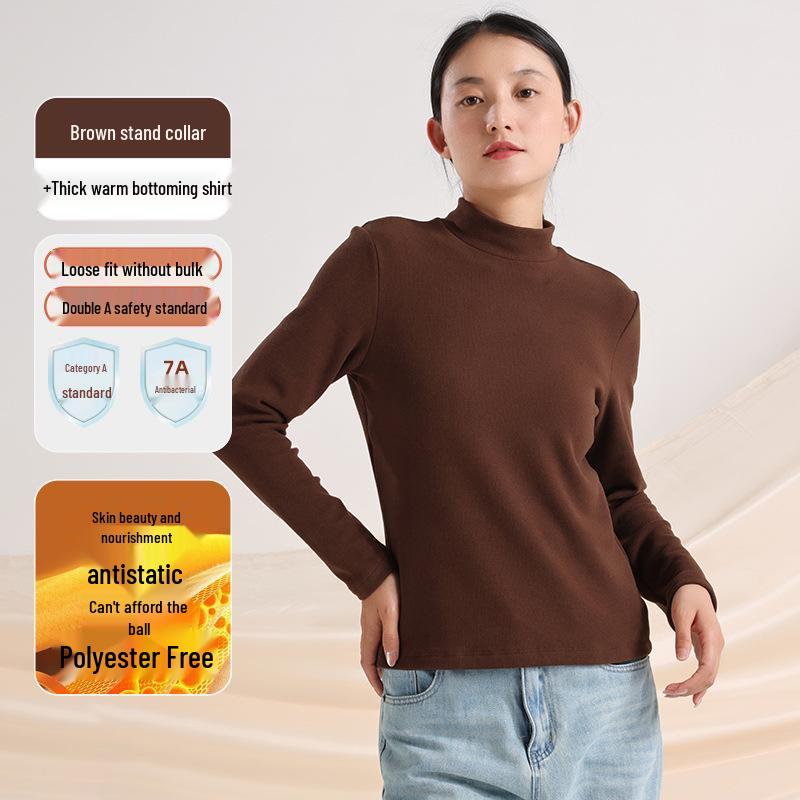 460G Женская бархатная теплая футболка с длинным рукавом и полувысоким воротником - Зима и осень