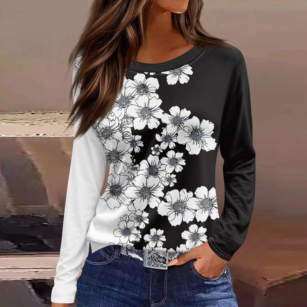 Women's Fashion Casual Slit Hem Round Neck Long Sleeve Loose Printed T-Shirt Ladies Top