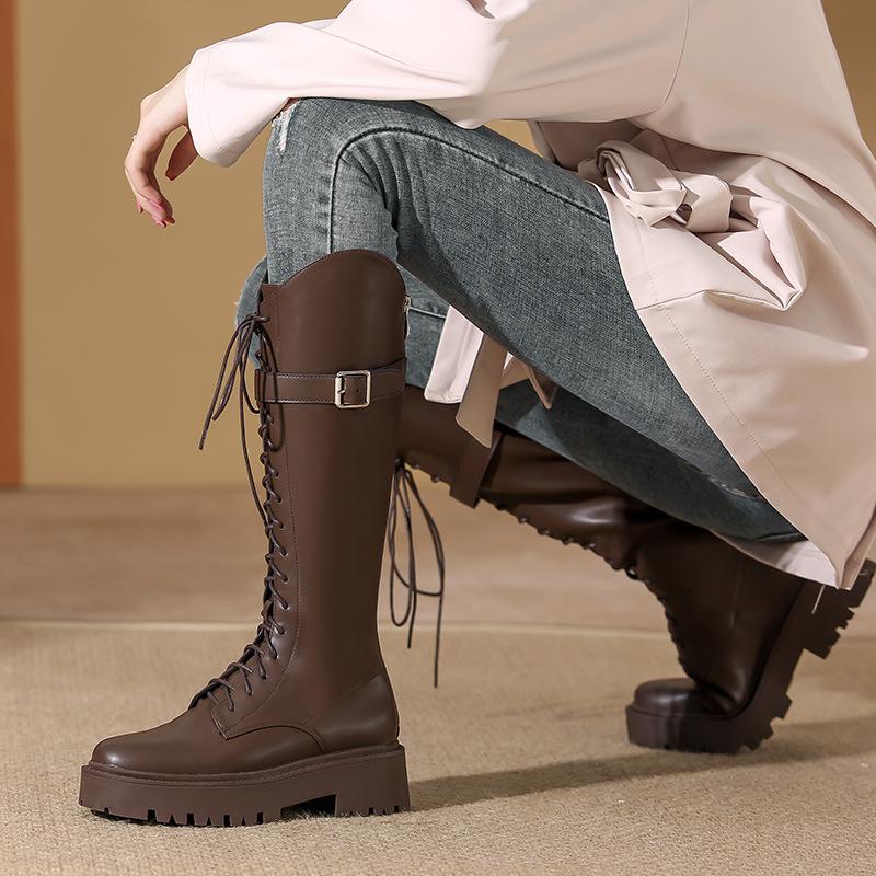 Локомотивные ботинки женские осенне-зимние новые рыцарские ботинки женские на толстой подошве шнуровка женские тонкие высокие ботинки детские