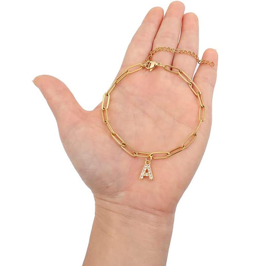 European & American Fashion 26-Letter Pendant Bracelet: Cubic Zirconia Micro-Paved Paperclip Chain, Elegant Women's Accessory.