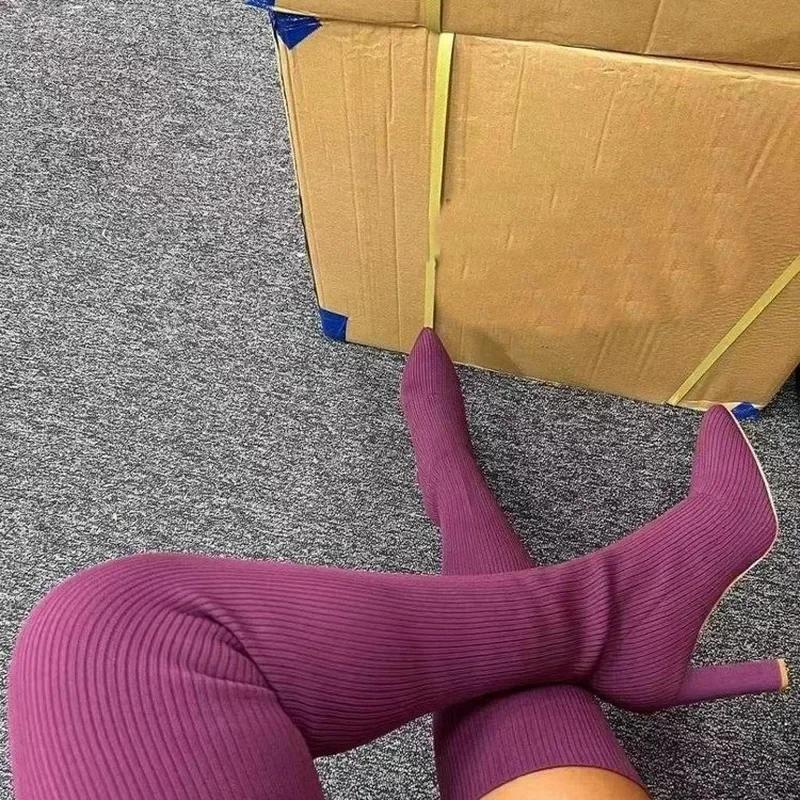 Осенне-зимние вязаные сапоги выше колена на толстом каблуке с острым носком для женщин из эластичной шерсти, высокие сапоги до бедра Botas Femenina