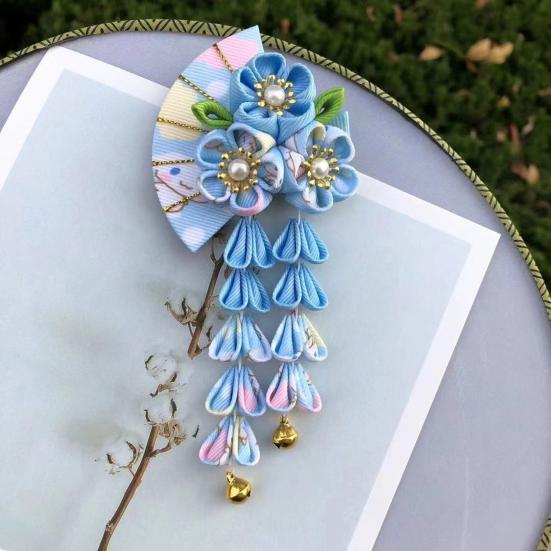 Заколка для волос в стиле веера с цветами, колокольчиками, декором из искусственного жемчуга, японское кимоно, старинная заколка для волос, аксессуары для волос