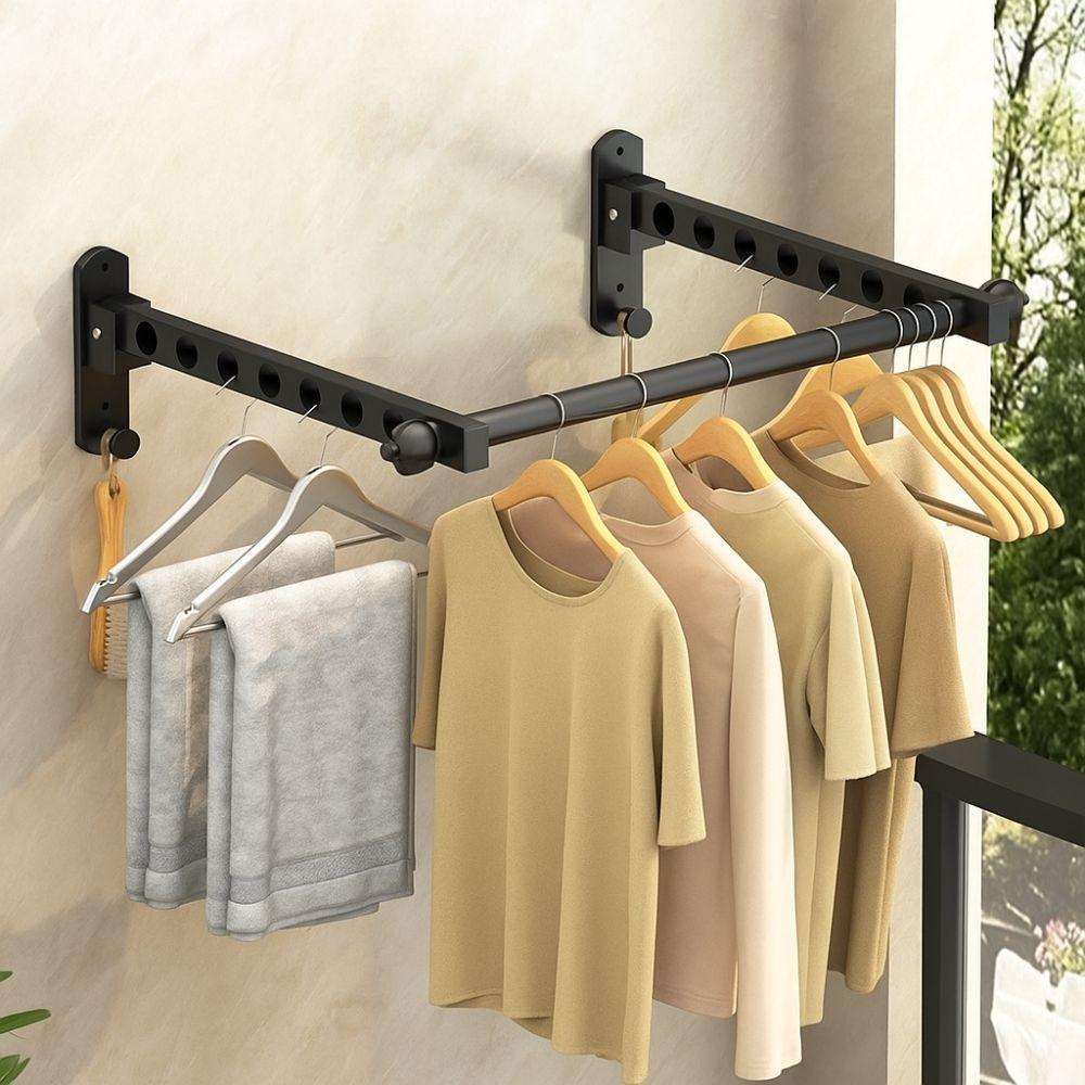 6/8/10 Holes Wall Mounted Clothes Hanger Non-Punching Foldable Drying Rack Space Saving Stainless Steel Laundry Rack Bathroom