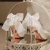 White Satin Stiletto Heels with Rhinestone Bow for Weddings and Banquets