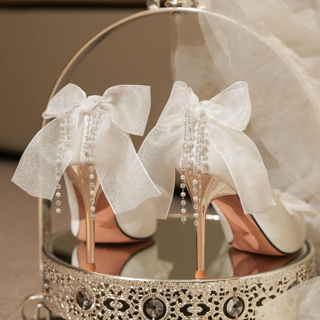 White Satin Stiletto Heels with Rhinestone Bow for Weddings and Banquets