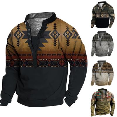 Мужской свитер с v-образным вырезом и воротником-стойкой с 3D цифровой печатью и винтажным воротником на 6 пуговицах