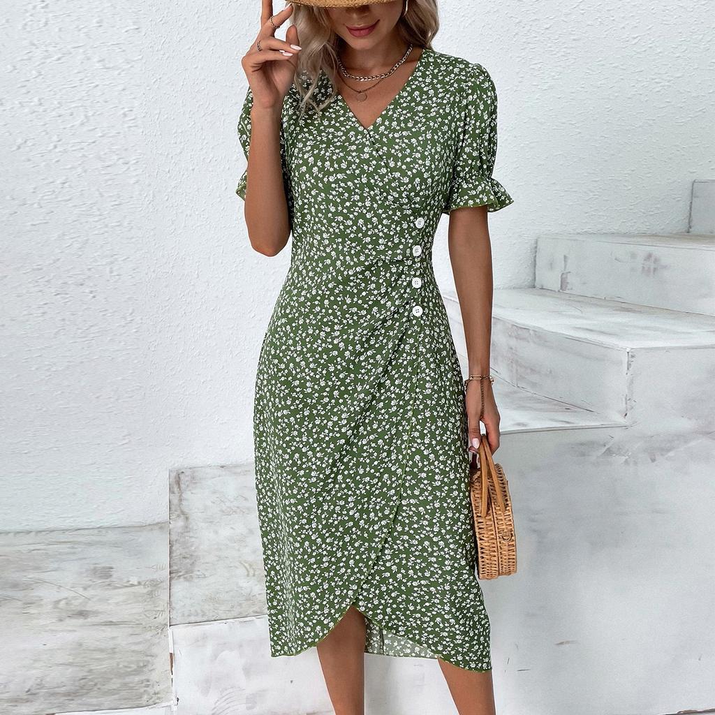 Women's Summer Casual Dress V Neck A-line Boho Ditsy Floral Flounce Sleeve Wrap Hem Dress